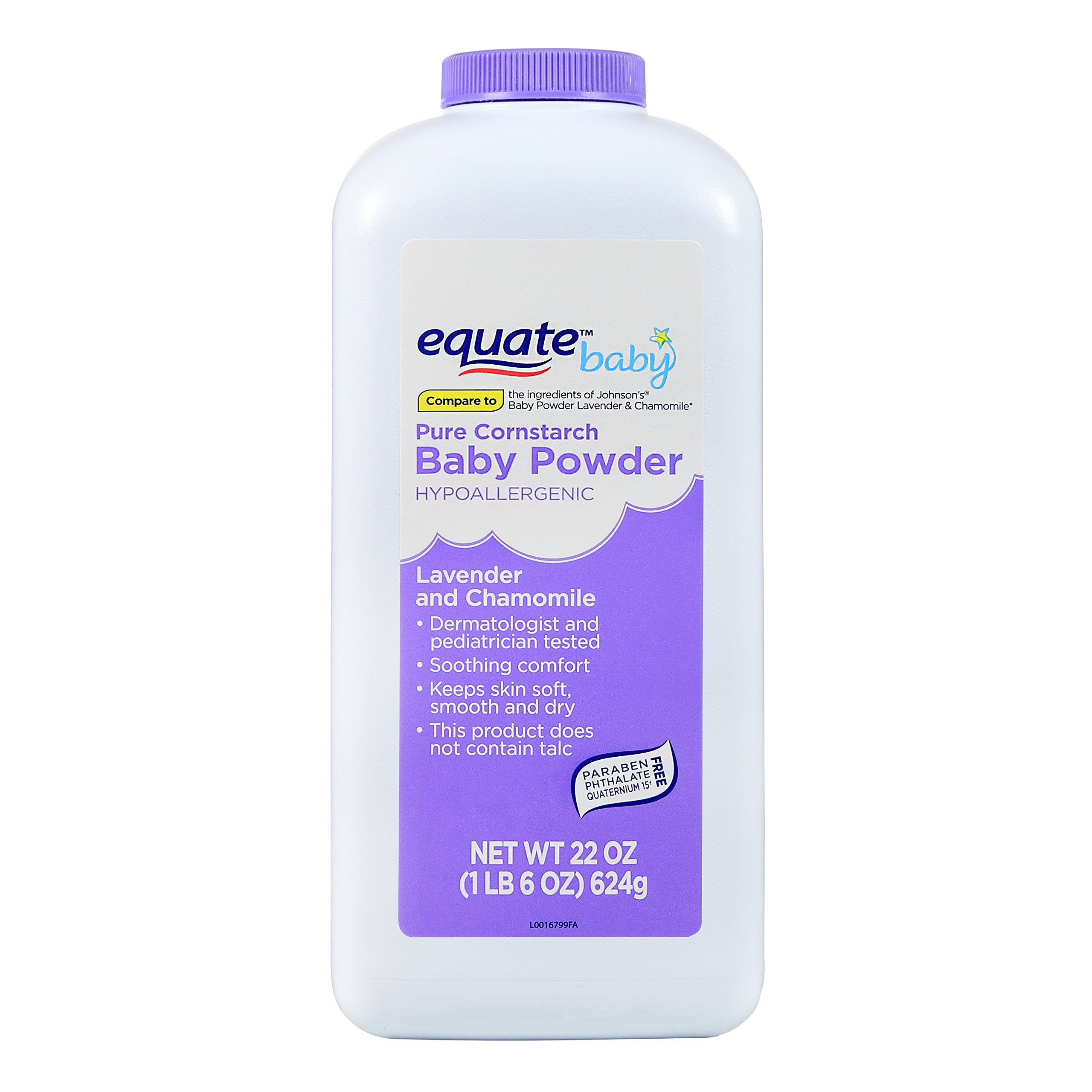 Equate lavender chamomile bottle shows talc-free powder for sensitive baby skin.