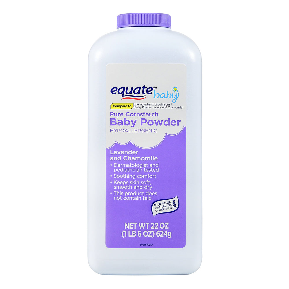 Equate lavender chamomile bottle shows talc-free powder for sensitive baby skin.