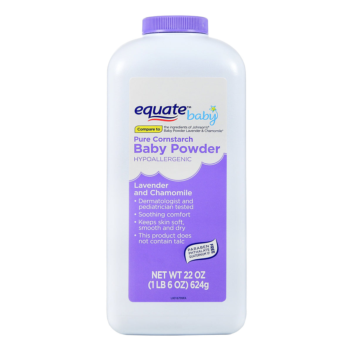 Equate lavender chamomile bottle shows talc-free powder for sensitive baby skin.