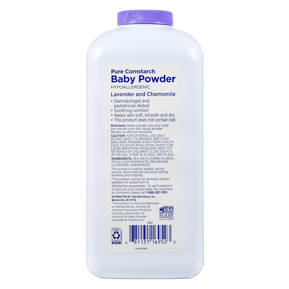Equate lavender chamomile powder jar demonstrates easy, mess-free diaper-area application.