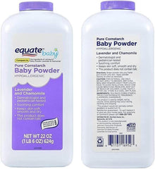 Equate Pure Cornstarch Baby Powder hand-application shows gentle, even coverage for baby skin.