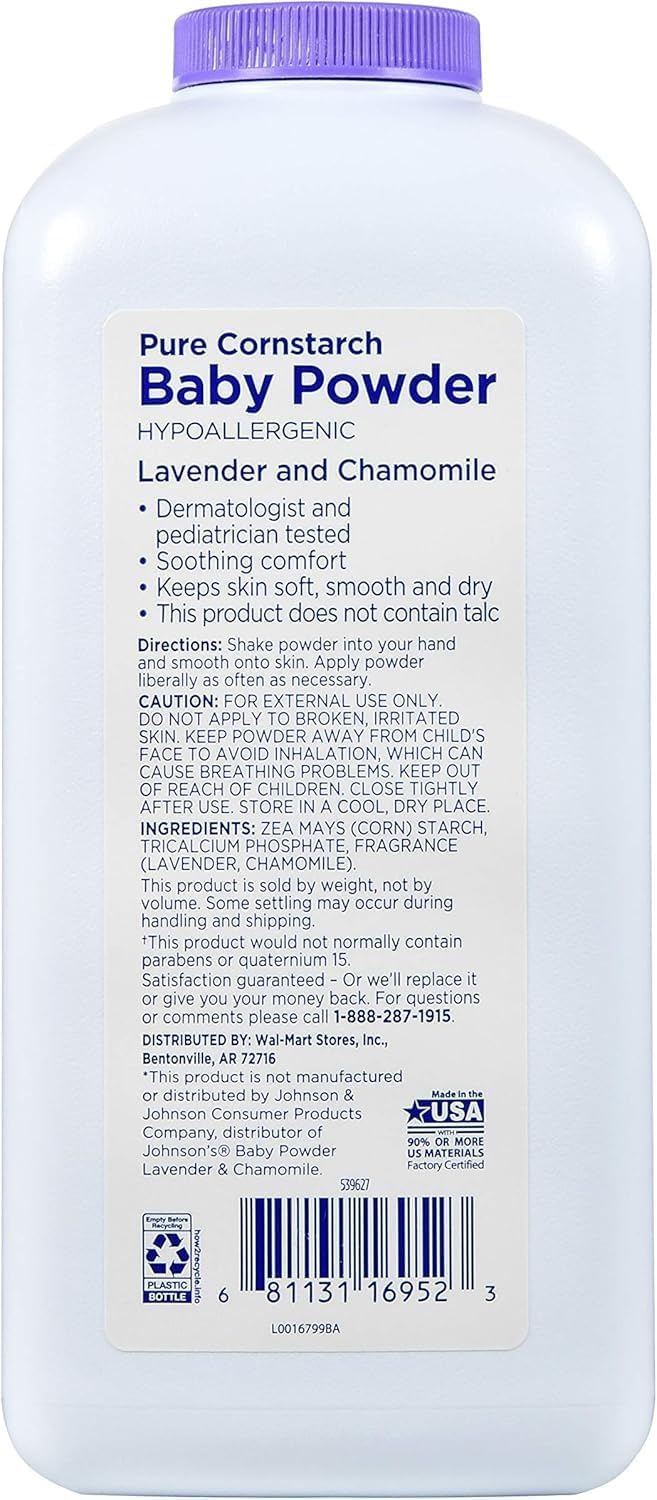 Equate Pure Cornstarch Baby Powder shaker application after bath for soft, dry skin
