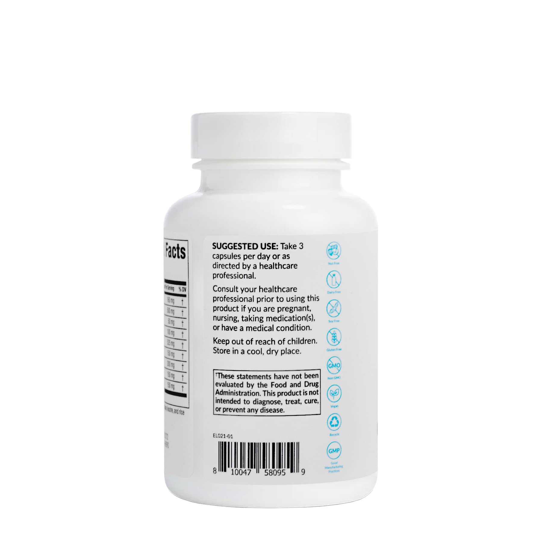 Equilife Hormone Balance bottle side view highlights capsule count and formula details.