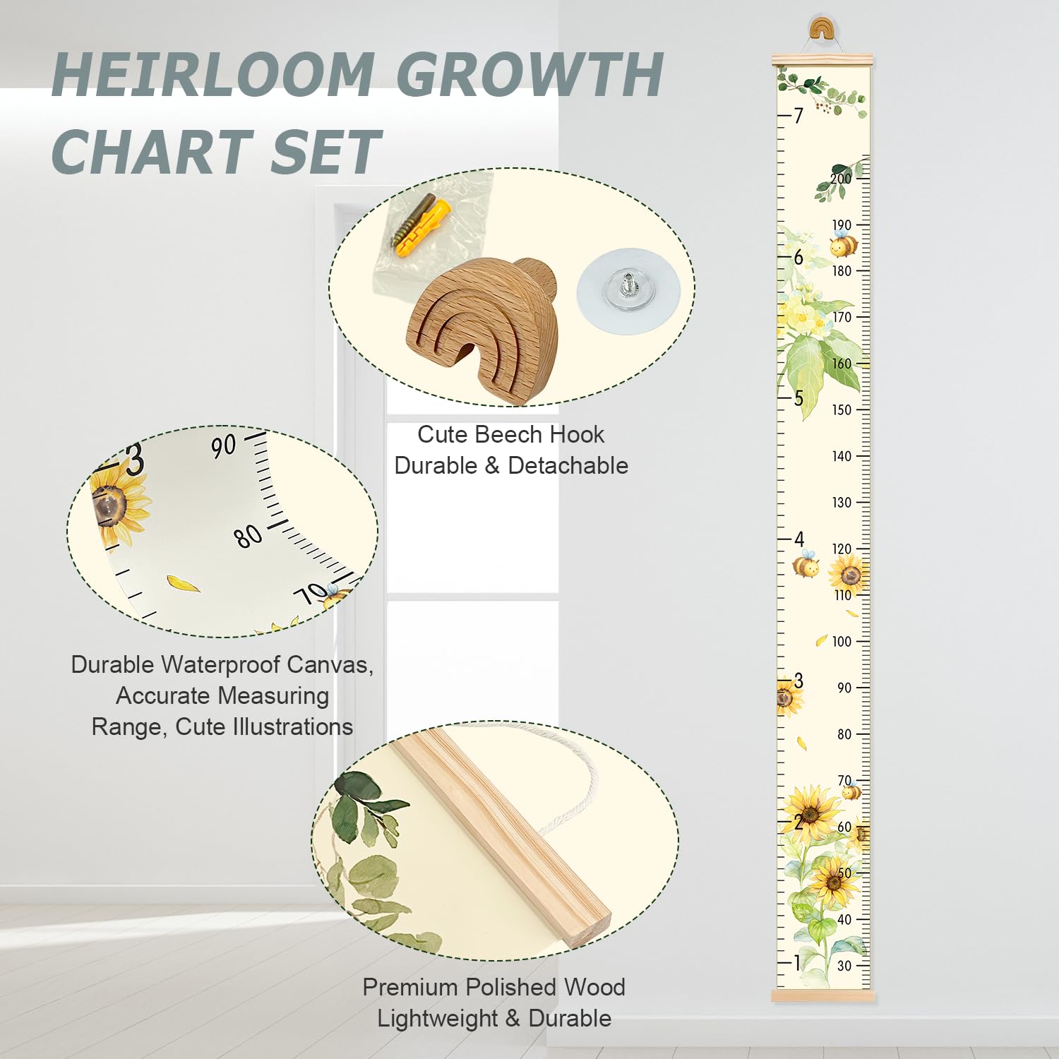EQUNROY growth chart wall wooden rainbow hook enabling easy, damage-free hanging.