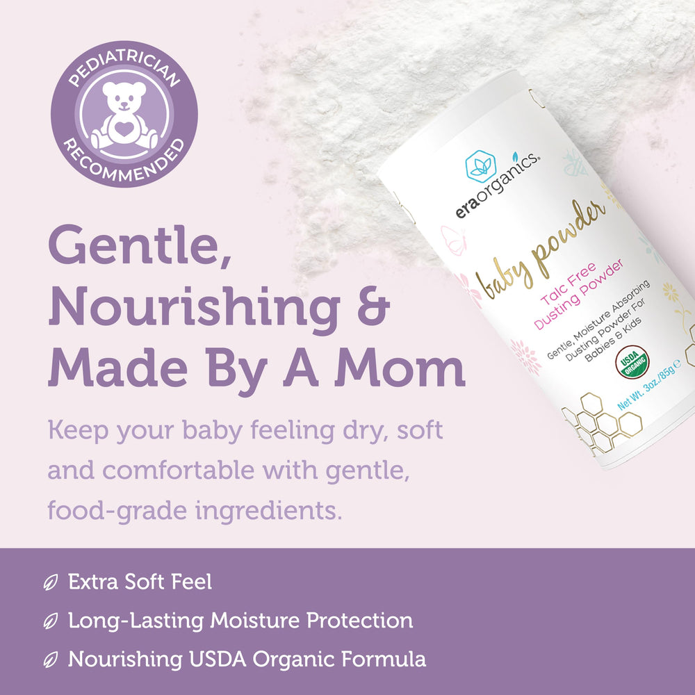 Era Organics baby powder texture during application for smooth, comfortable diaper changes