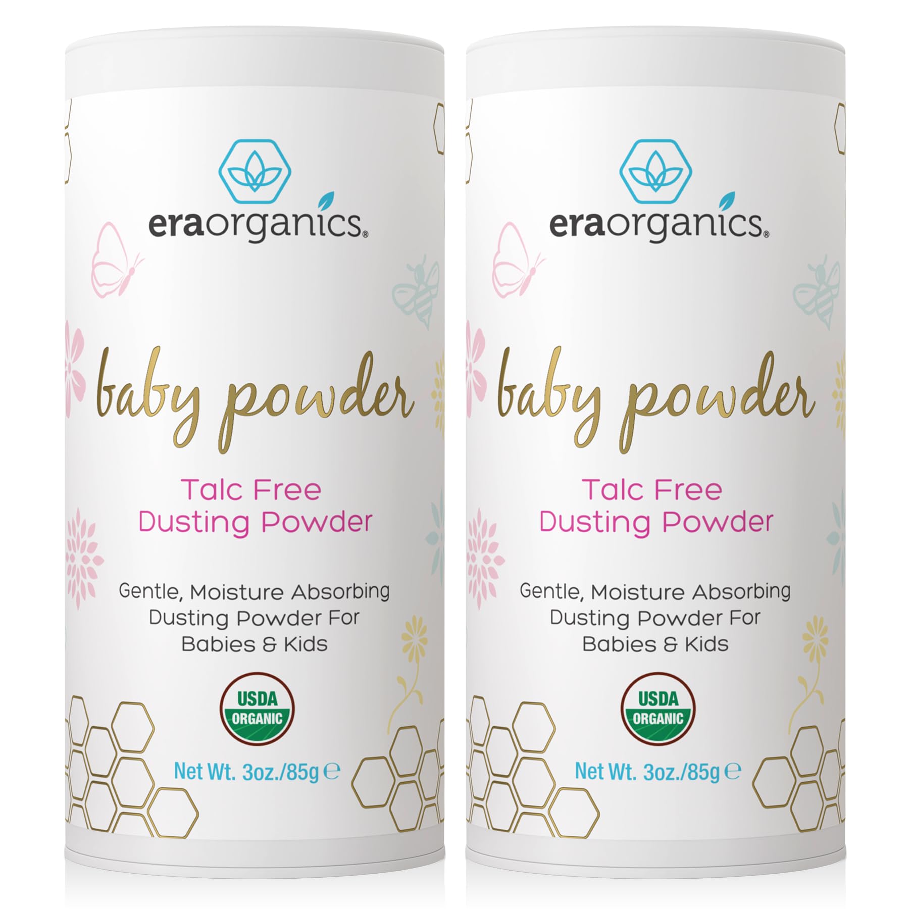 Era Organics talc-free baby powder in a 2-pack packaging