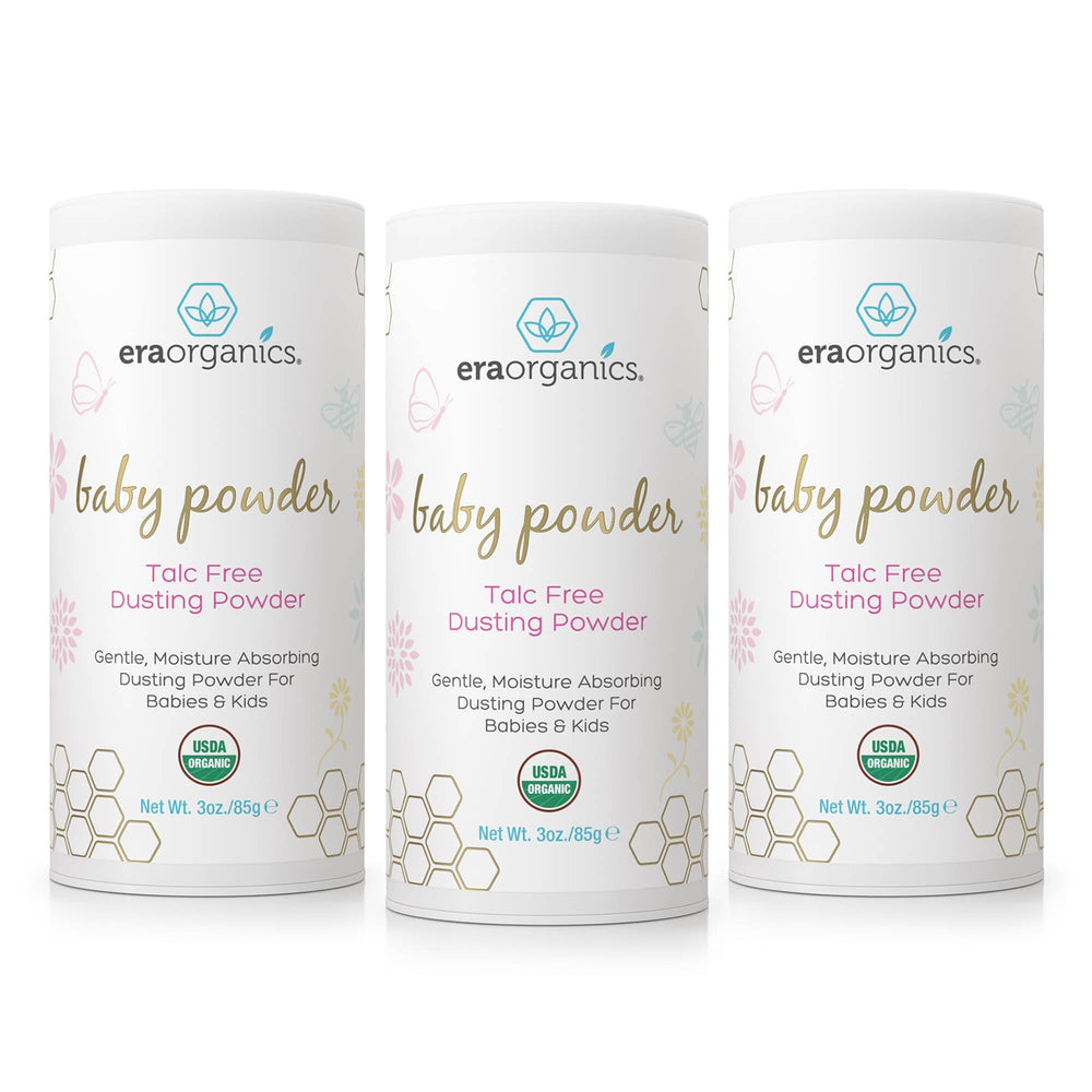 Era Organics talc-free baby powder packaging, fragrance-free protection for delicate baby skin.