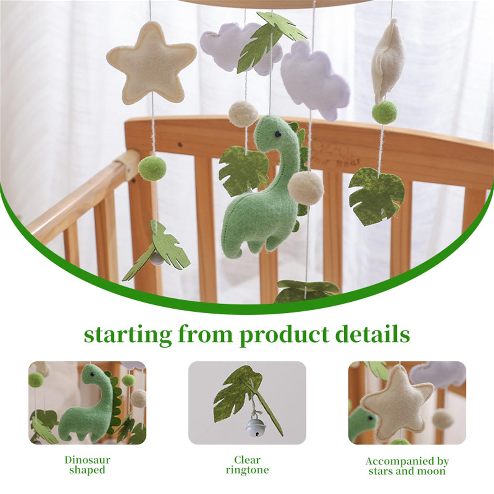 Erboinely dinosaur mobile with bells above the crib creates soft auditory cues.