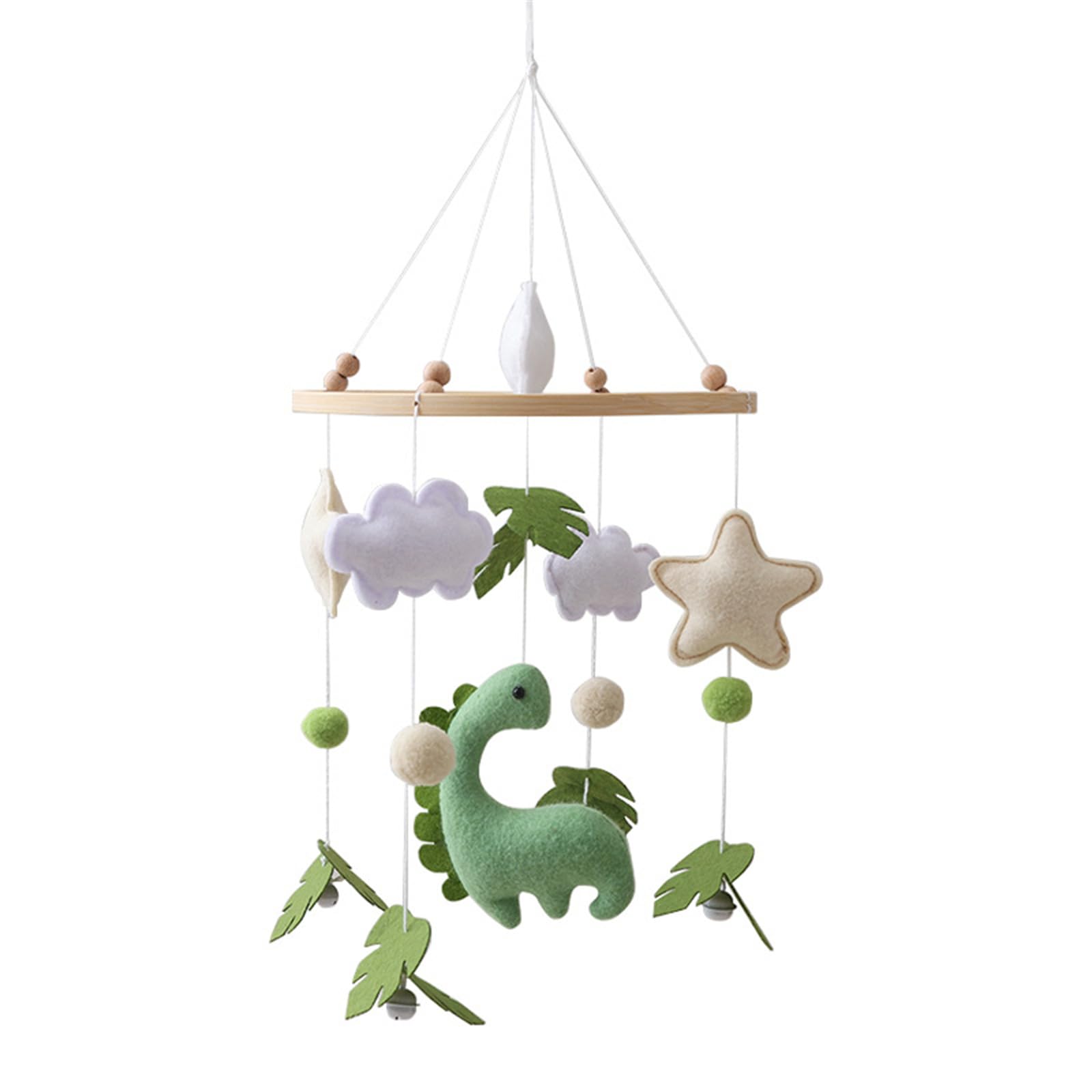 Erboinely dinosaur mobile over crib with felt dinosaurs engages visual attention and gentle play.