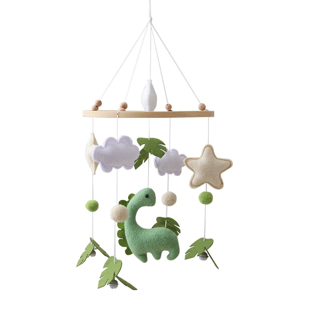 Erboinely dinosaur mobile over crib with felt dinosaurs engages visual attention and gentle play.