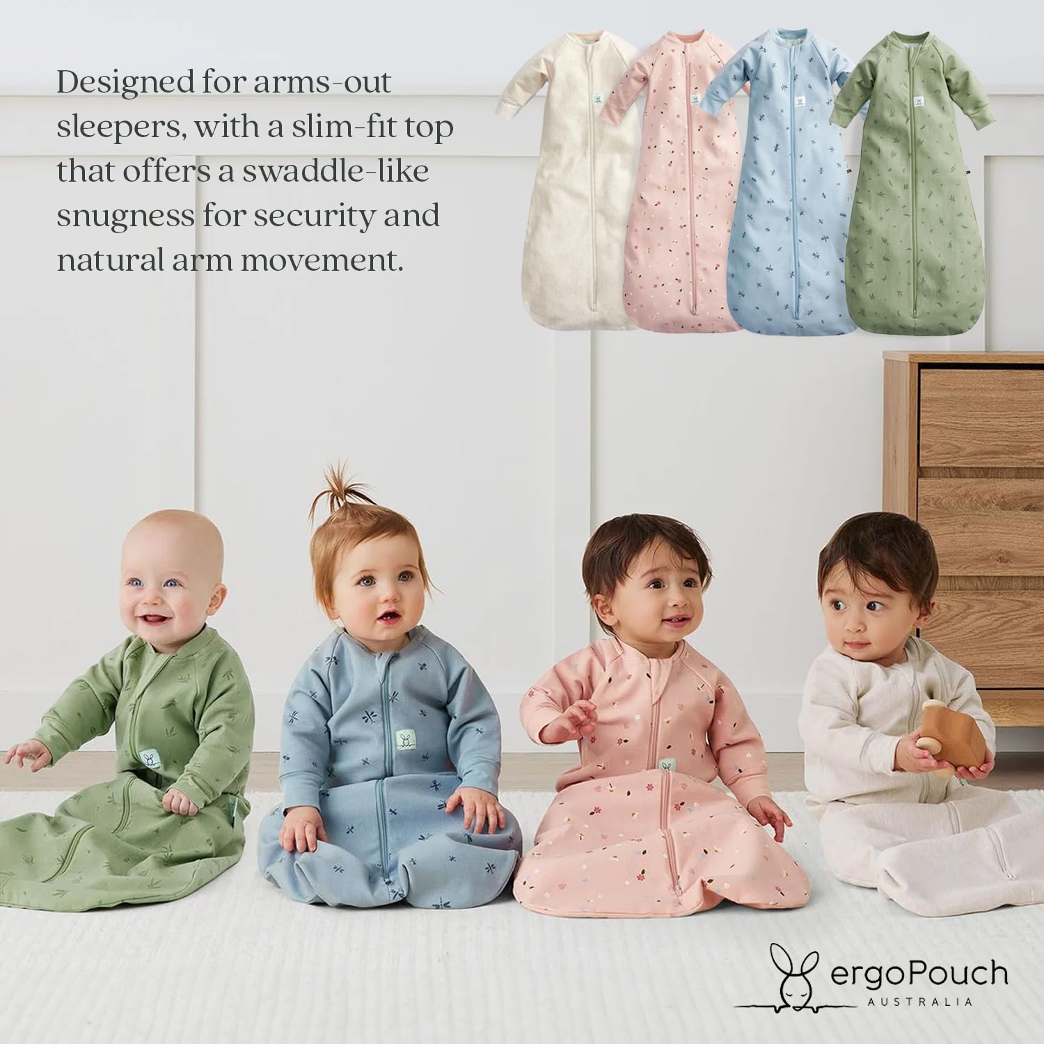 ergoPouch jersey sleeping bag arms-out design shows snugness and mobility.
