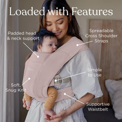 Ergobaby Embrace knit inward-facing mode highlights ergonomic support for baby and caregiver.