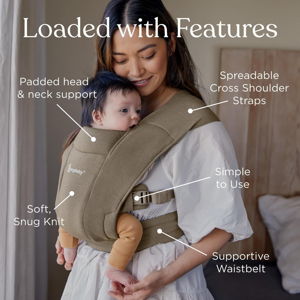 Ergobaby Embrace shoulder straps closeup illustrates comfortable, secure fit across body types.
