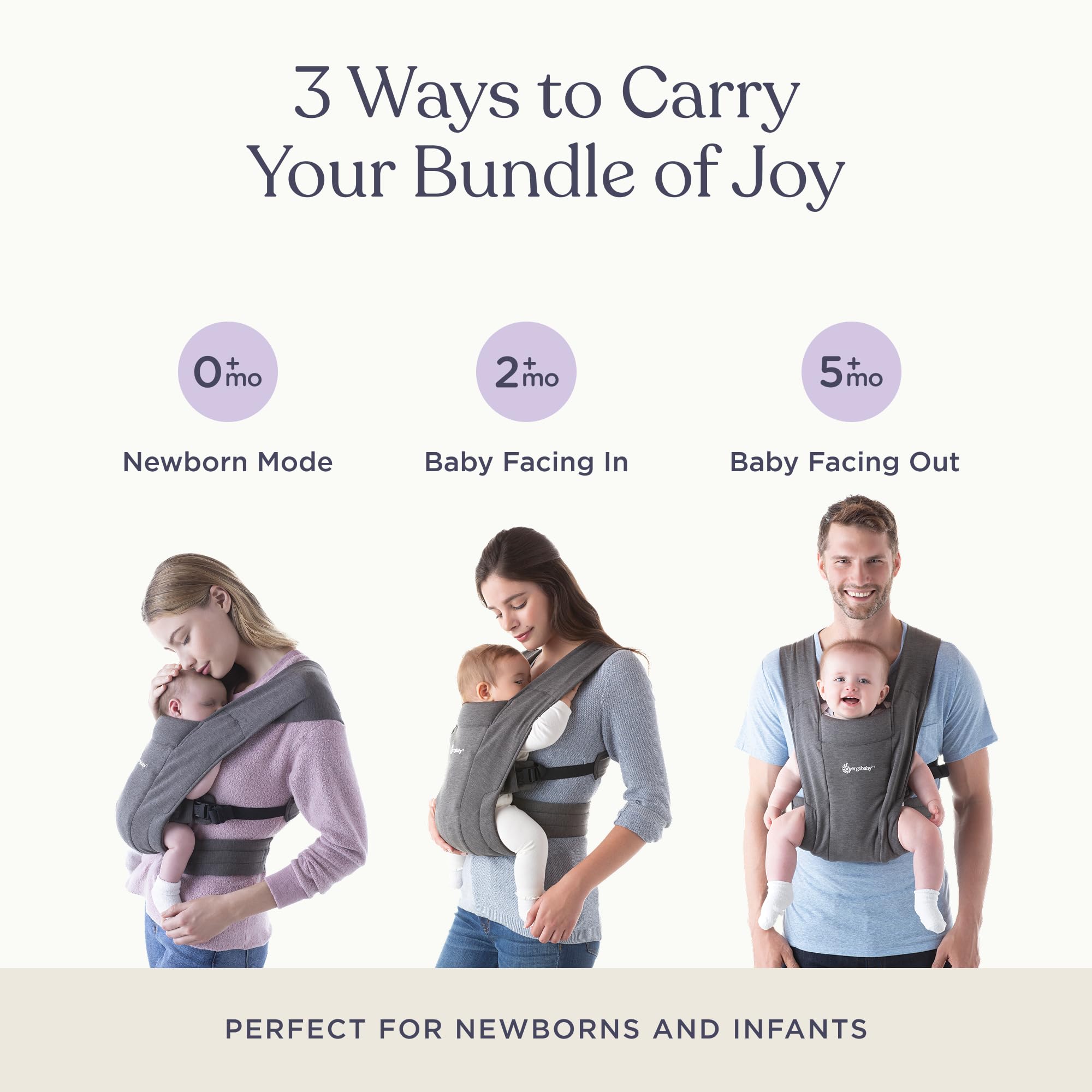 Ergobaby Embrace three carry modes image shows newborn to toddler adaptability.