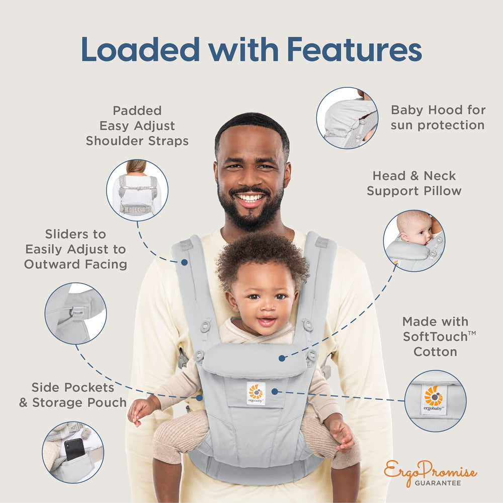 Ergobaby Omni Dream Cotton Carrier back carry position supports even weight distribution.