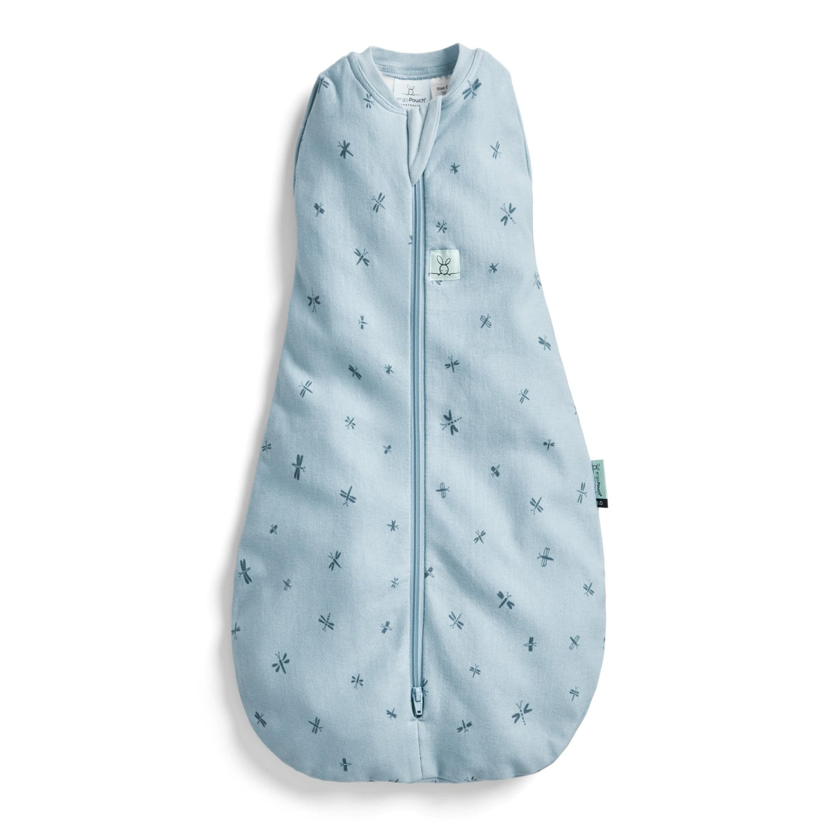 ErgoPouch Cocoon Swaddle Sack Dragonflies pattern keeps baby snug for sleep.