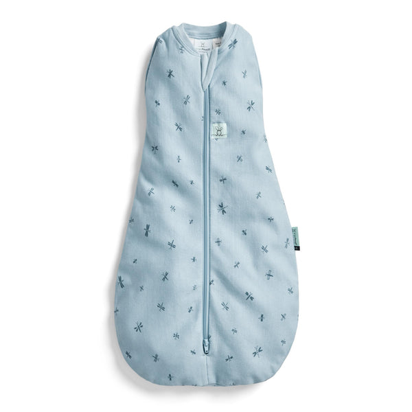 ergoPouch Cocoon Swaddle Sack Dragonflies close-up shows breathable organic cotton and gentle skin touch