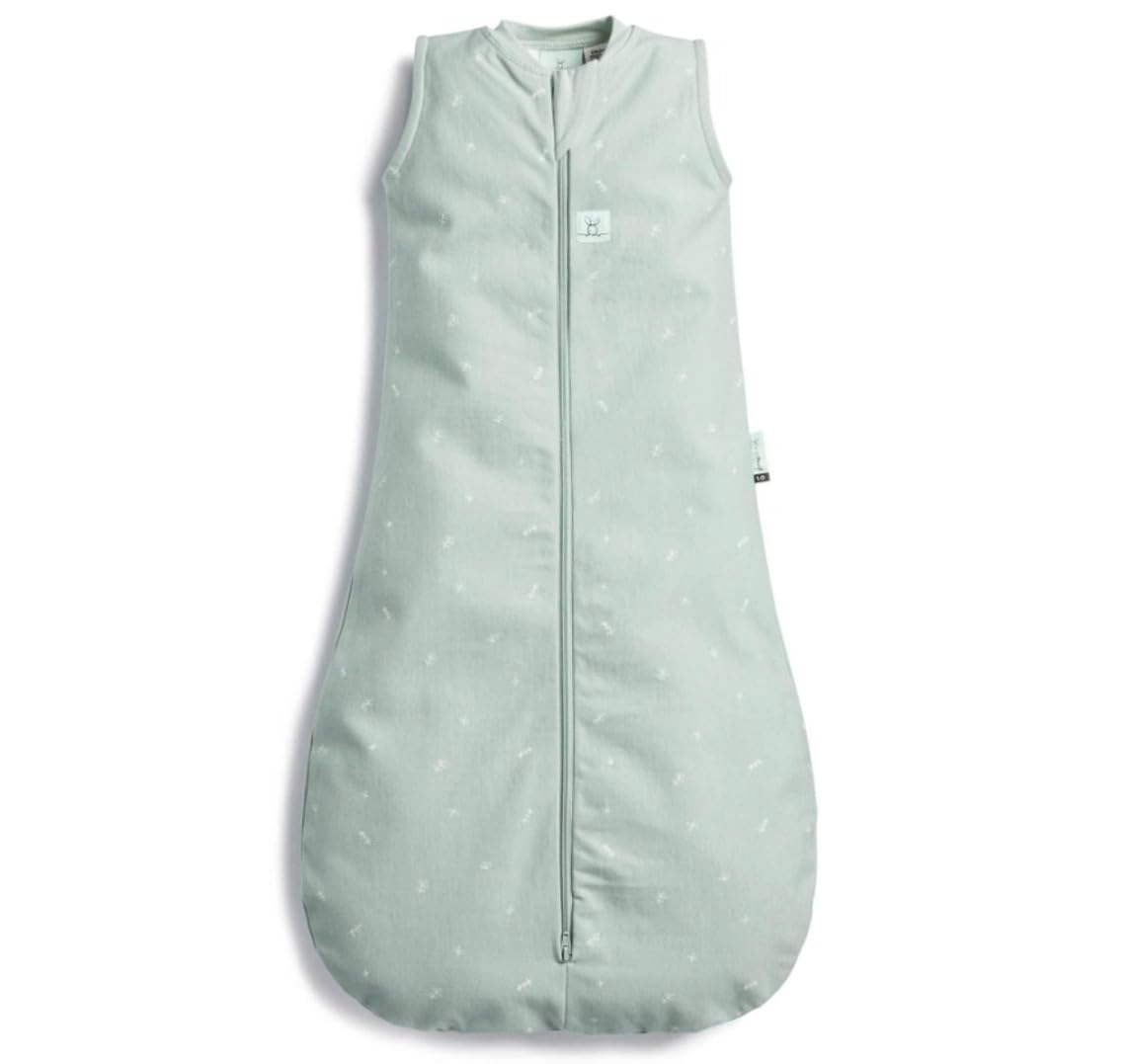 ergoPouch Jersey Sleeping Bag 0.2 TOG arms-out in sage keeps baby snug while allowing movement