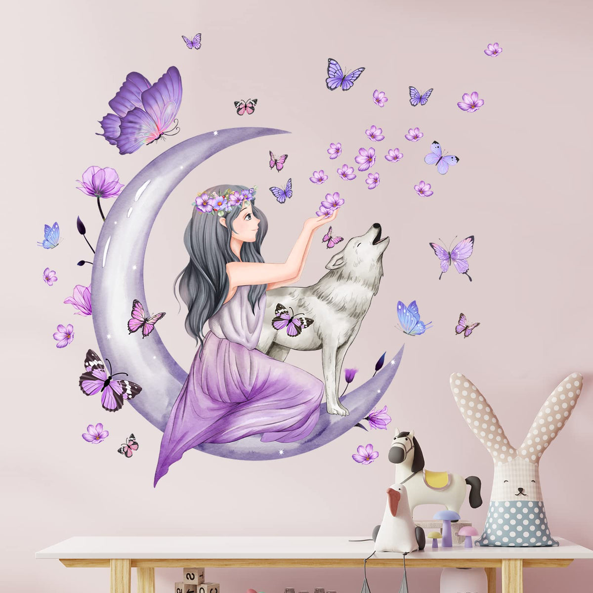 Erllsino fairy girl wall sticker with purple butterflies decorates a nursery wall