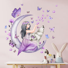 Erllsino fairy girl wall sticker with purple butterflies decorates a nursery wall