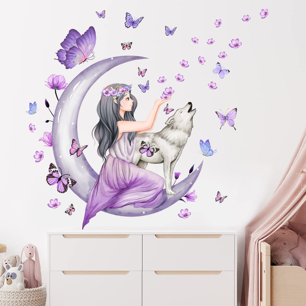 Erllsino moon-wolf wall decal creates a dreamy scene in a girl’s bedroom