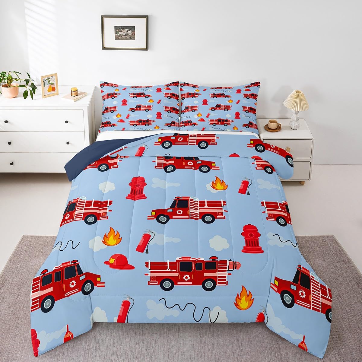 Erosebridal red fire truck comforter front pattern adds playful toddler bed flair