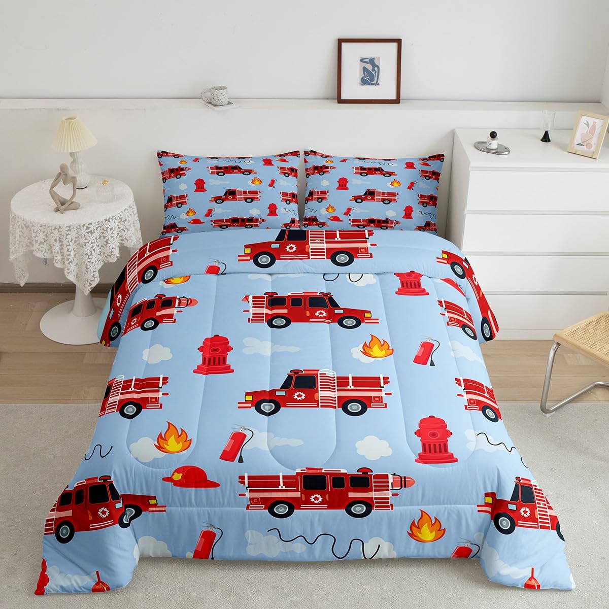 Erosebridal red fire truck pillowcase front pattern coordinates with bedtime decor
