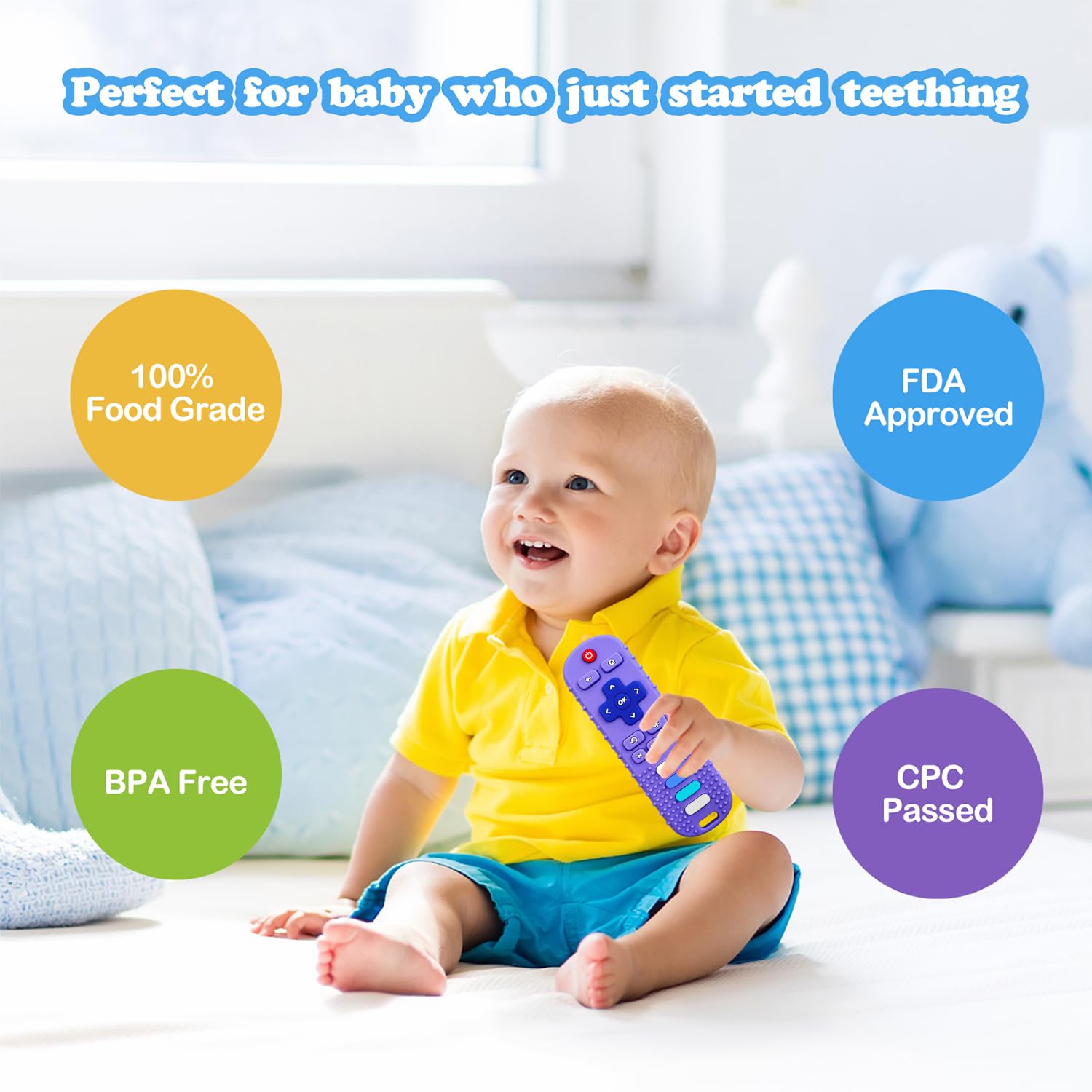 Baby holds ERSIHUA remote teether for easy gripping play.
