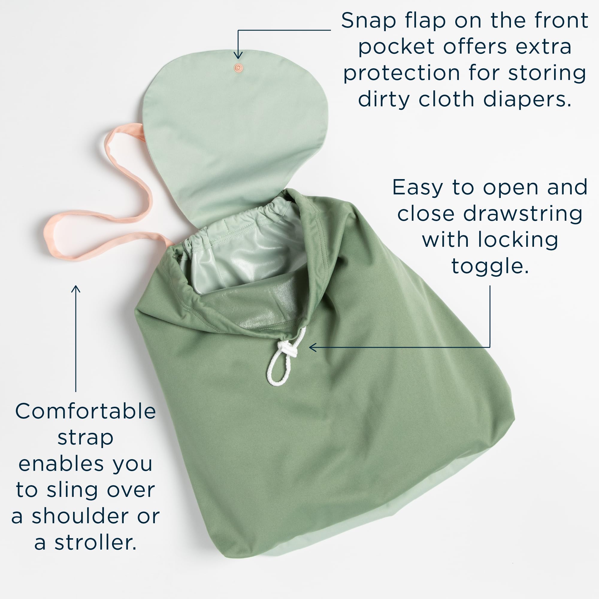 Shoulder strap and stroller hanger offer hands-free convenience.