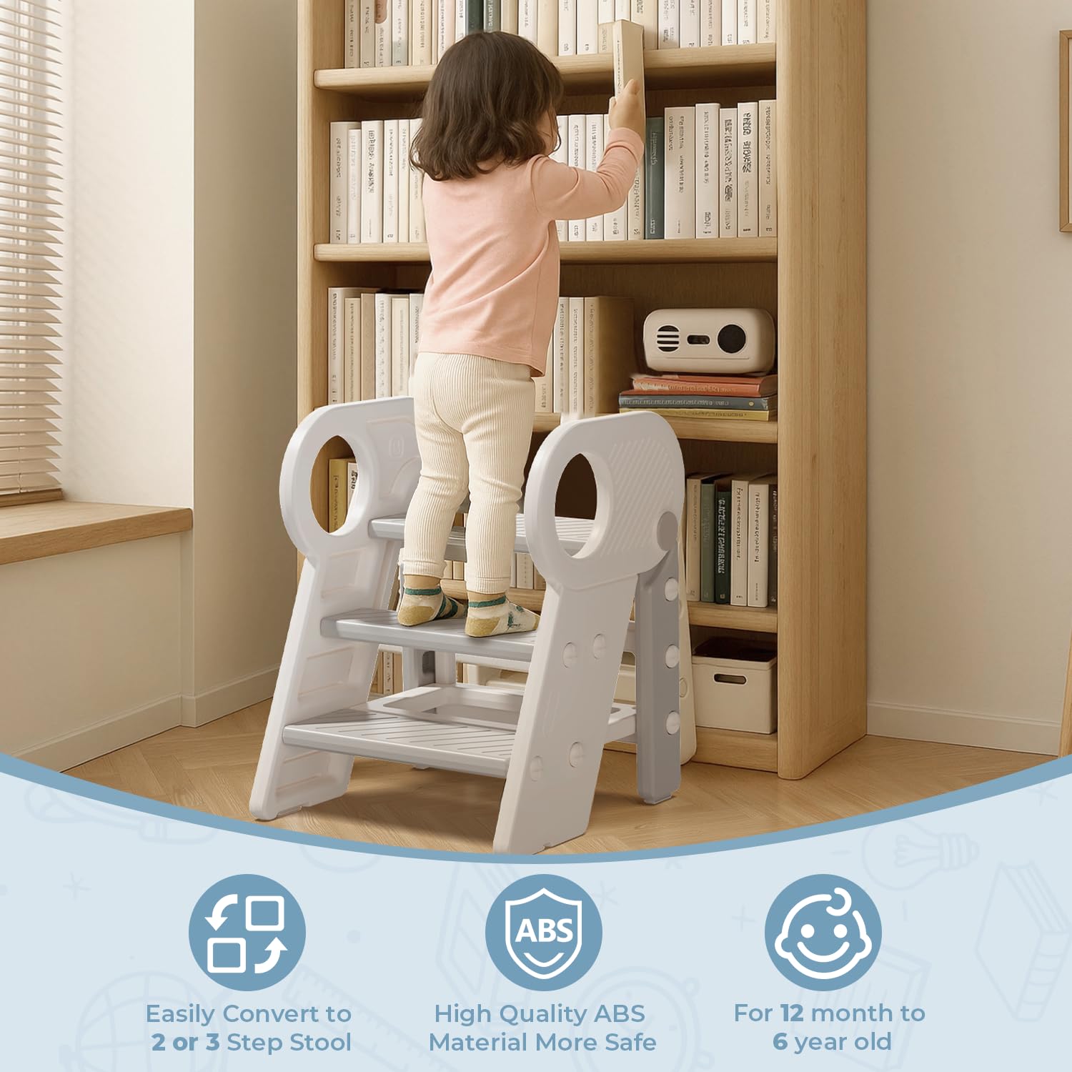esemoil toddler using stool to reach sink supports independent routines.