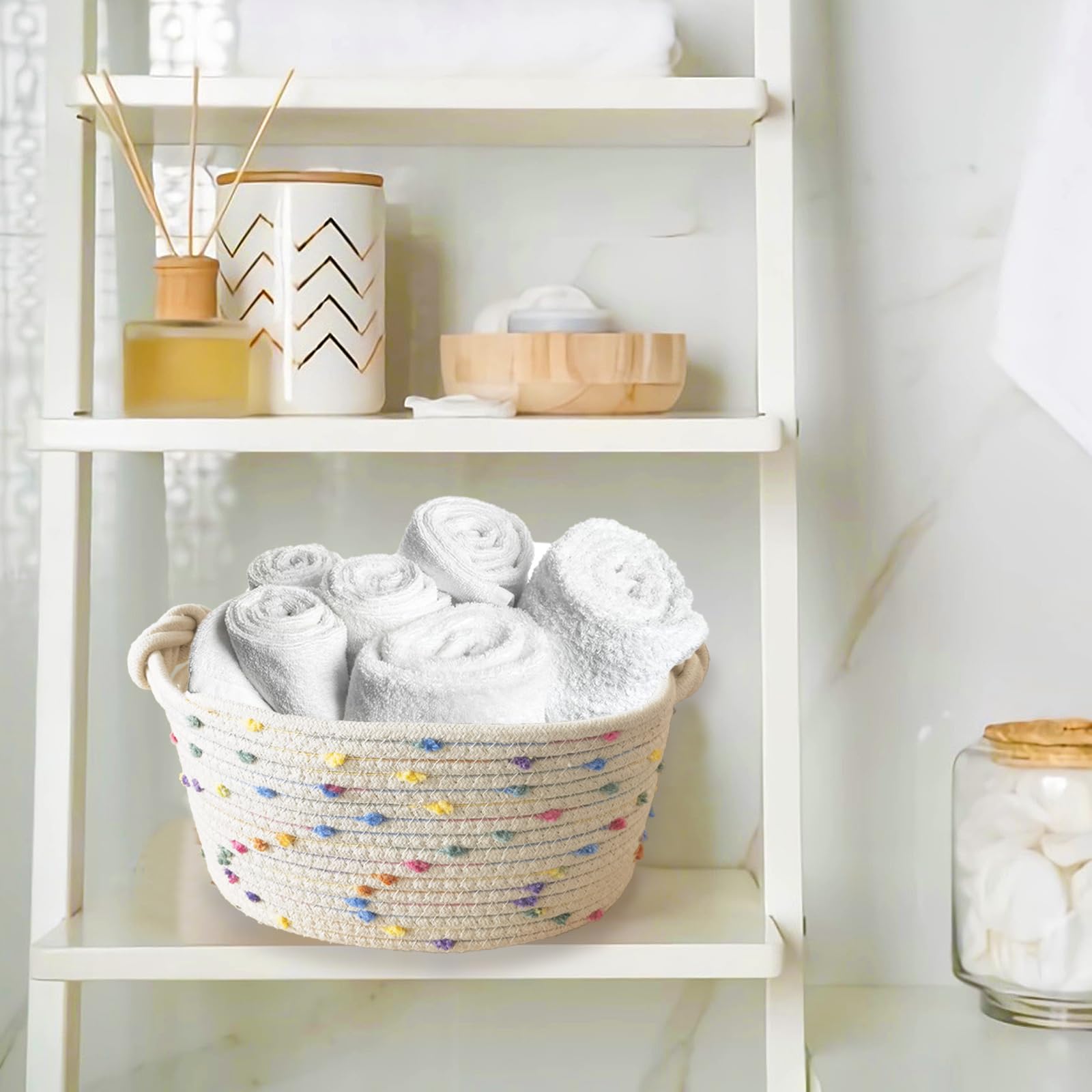 Esme L&H basket with beige color and pastel dots adds chic decor while storing supplies.