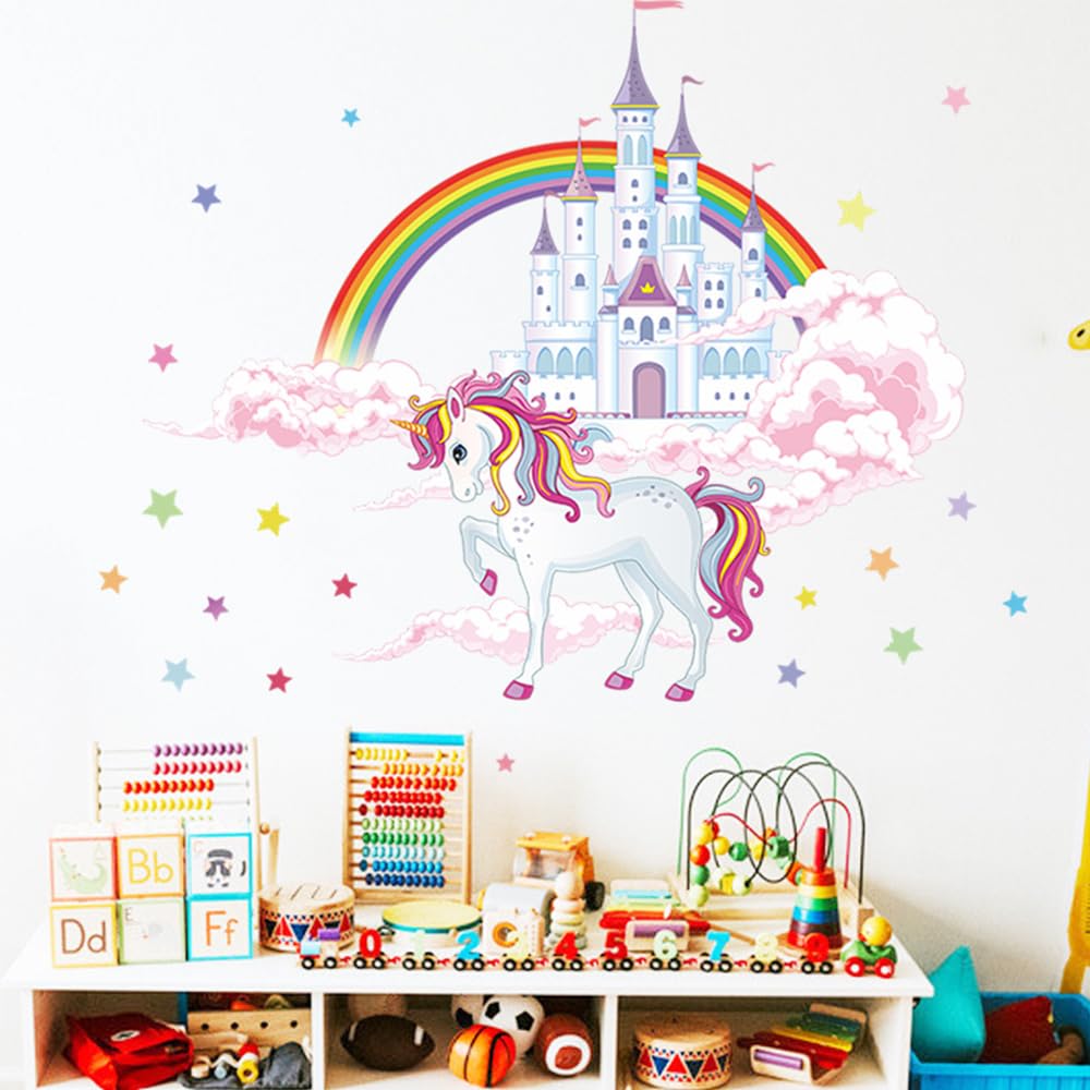 Esmee watercolor clouds castle wall sticker adds dreamy ambiance to a child's room.