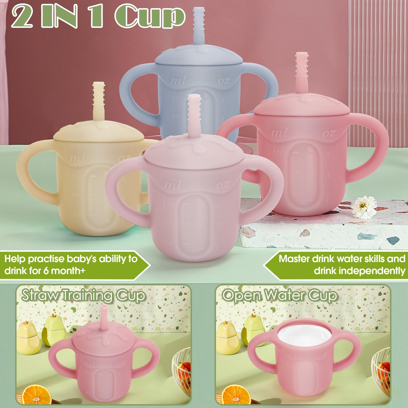 EsOfficce silicone baby straw cup with lid demonstrates secure spill prevention on the go