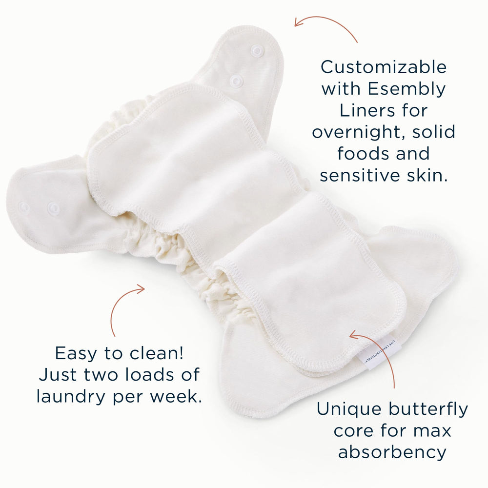 Esembly Inner size 2 adjustable snaps illustrate a snug, grow-with-baby fit.