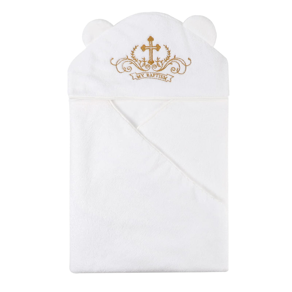 ESTAMICO baby plush hooded towel with cross embroidery and ears for cozy bath time.
