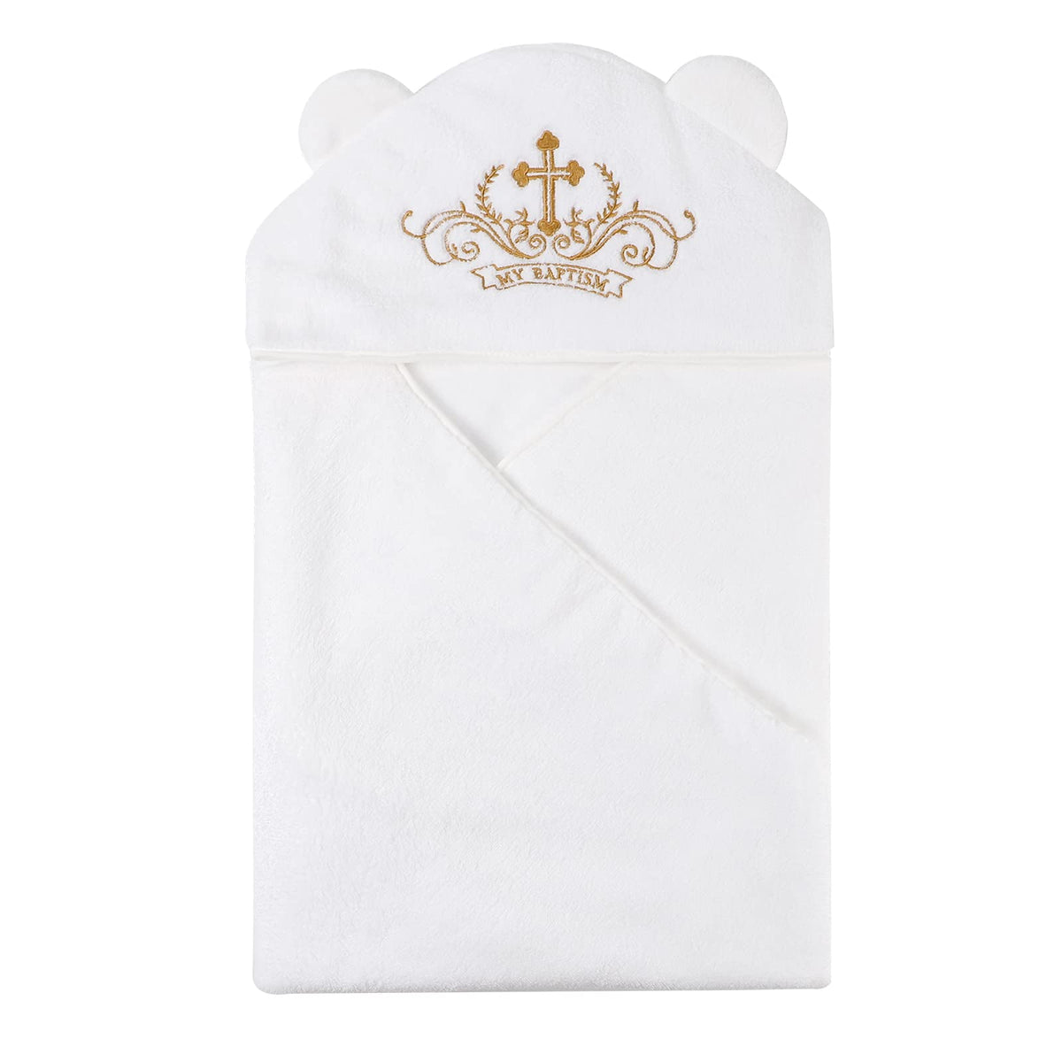 ESTAMICO baby plush hooded towel with cross embroidery and ears for cozy bath time.
