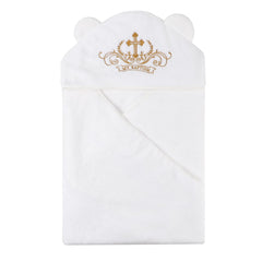 ESTAMICO baby plush hooded towel with cross embroidery and ears for cozy bath time.