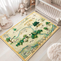 Estmy 5x7 woodland map nursery rug with Hundred Acre Wood scene for kids.
