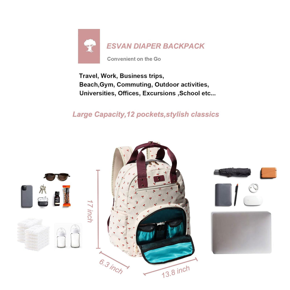 ESVAN diaper bag backpack interior with 12 pockets and organized space