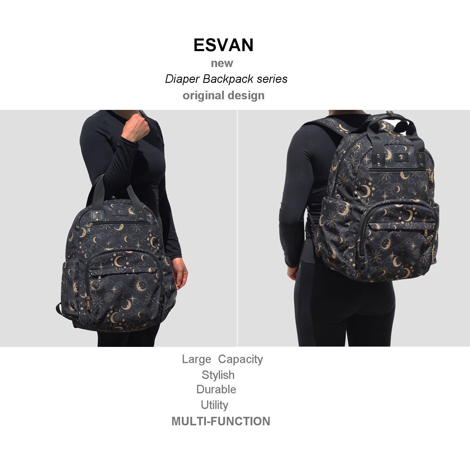 ESVAN diaper bag backpack organized pockets support diapering and quick item retrieval