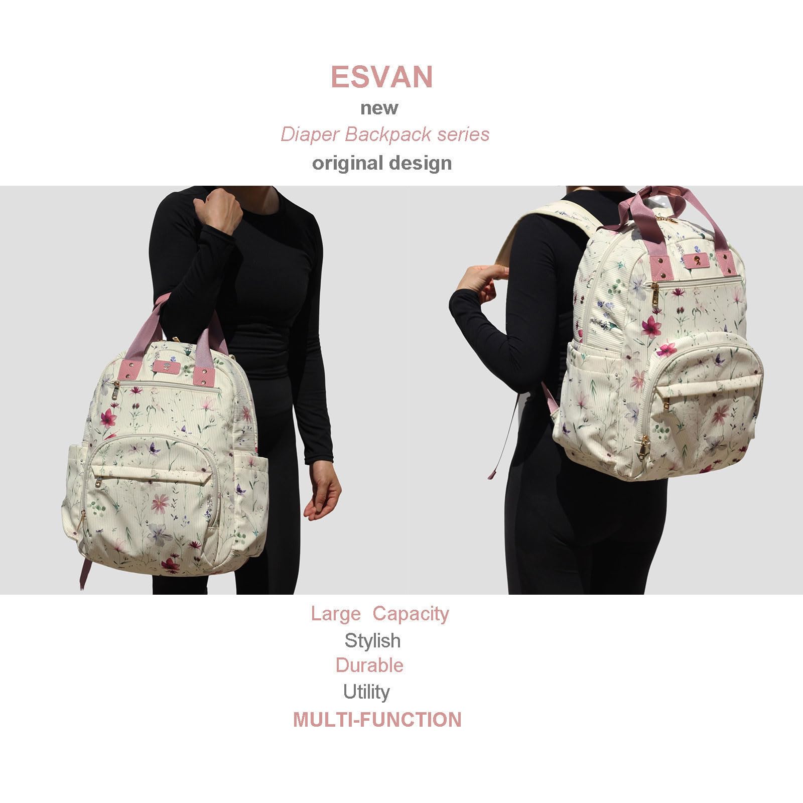 ESVAN diaper bag backpack organized with twelve pockets for essentials