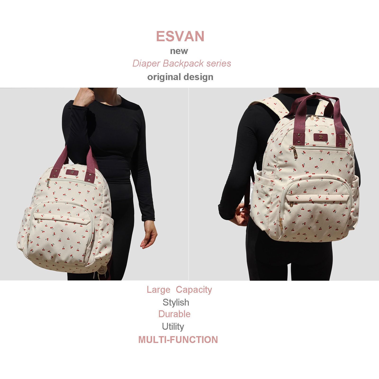 ESVAN diaper bag backpack padded shoulder straps for comfortable carry