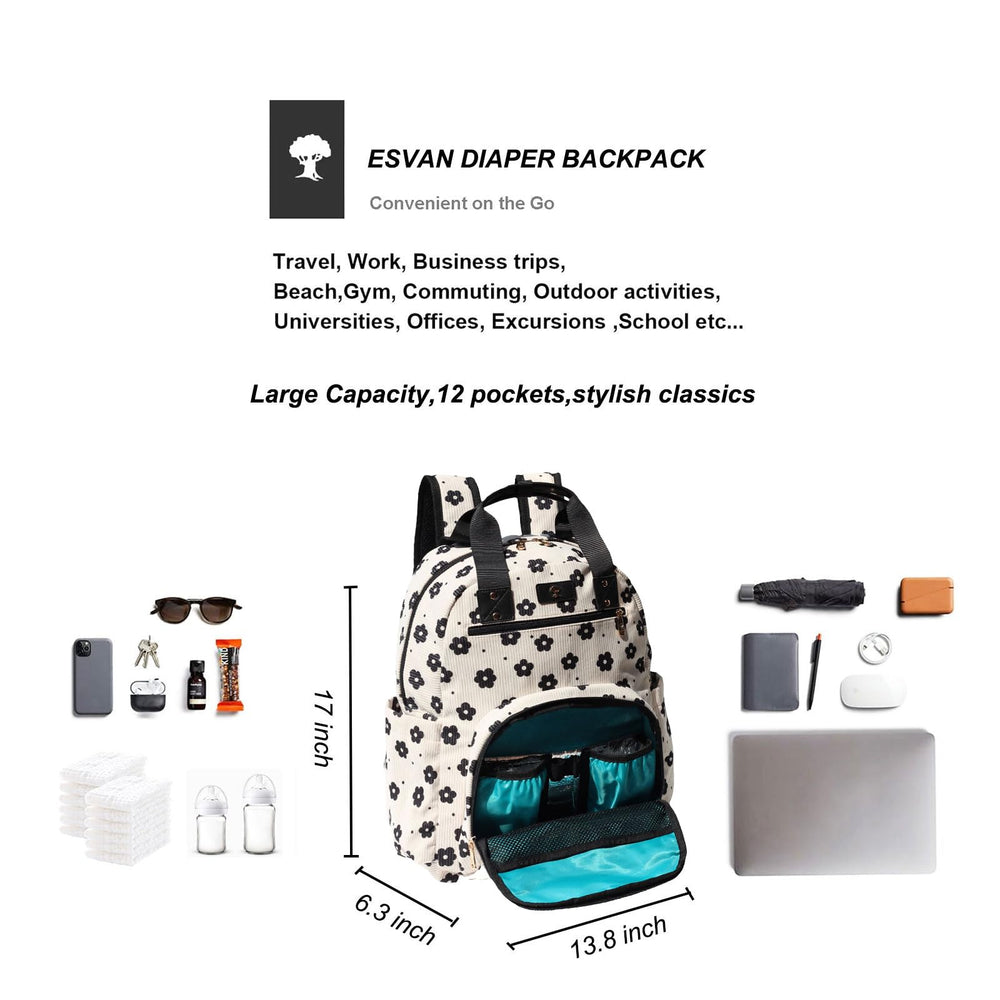 ESVAN Diaper Tote Backpack laptop compartment fits most laptops securely.