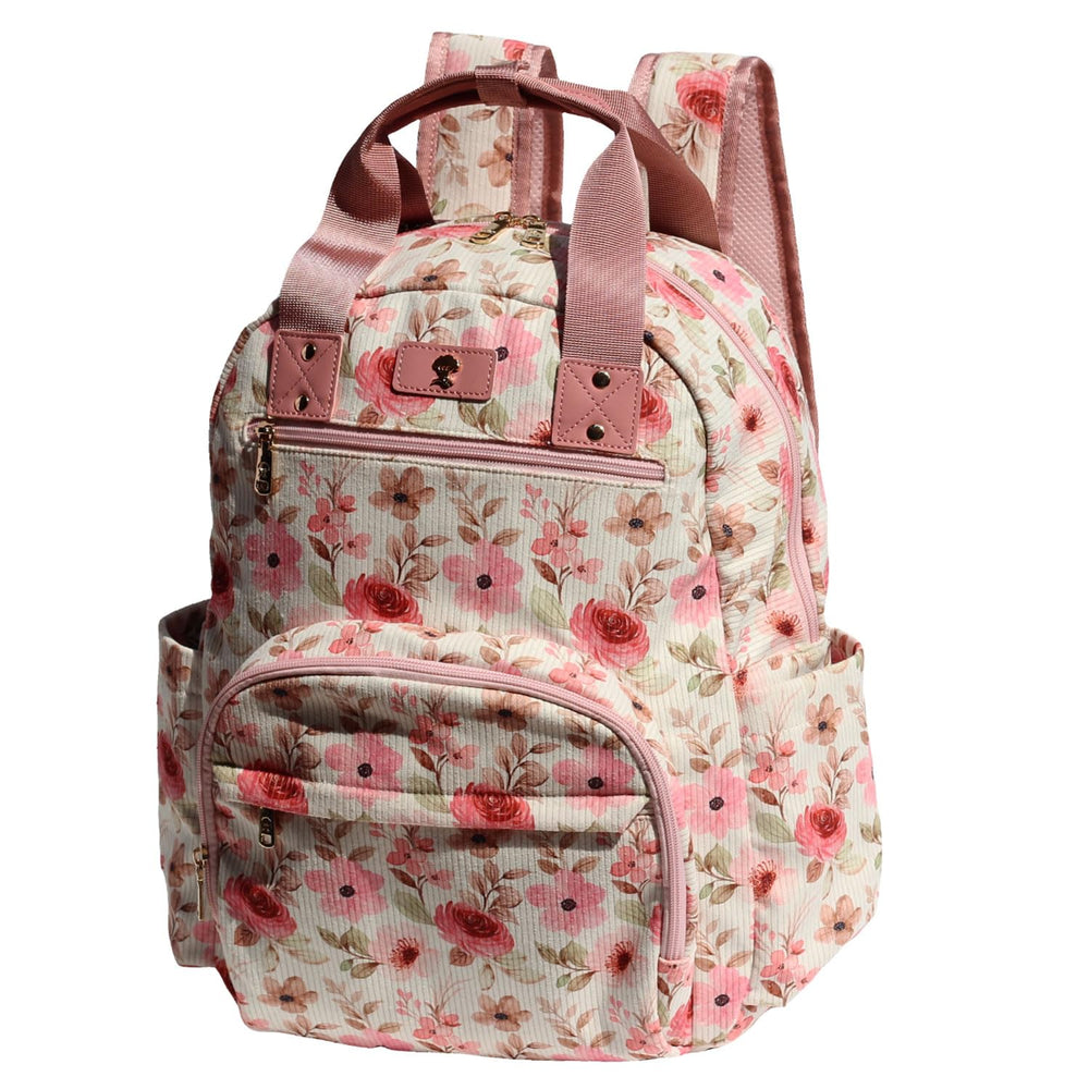 ESVAN diaper tote backpack in linen canvas with corduroy pink flower detail.