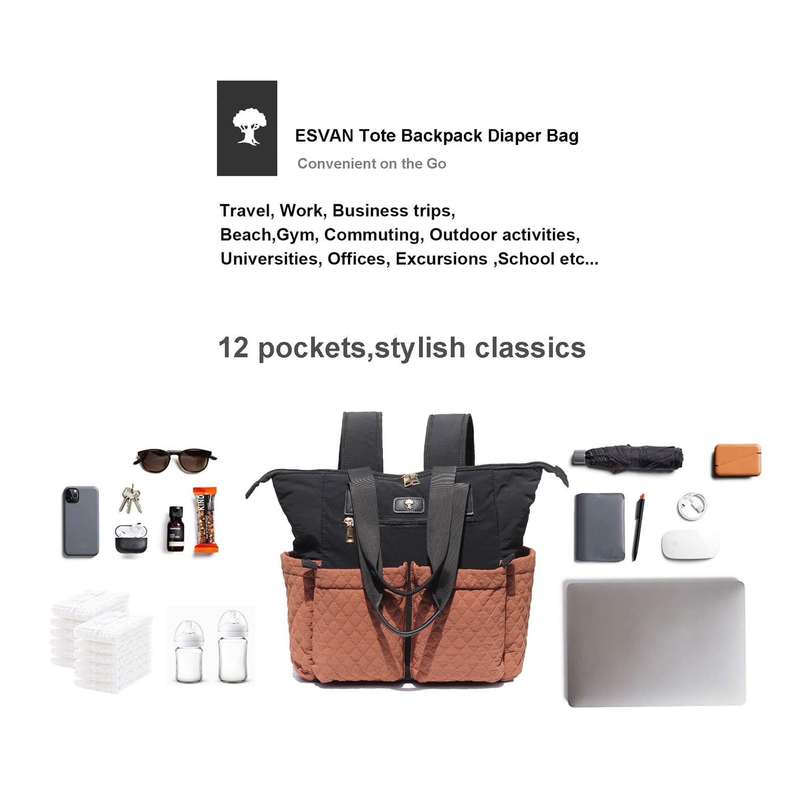 ESVAN diaper tote bag shows 26L capacity and organized compartments