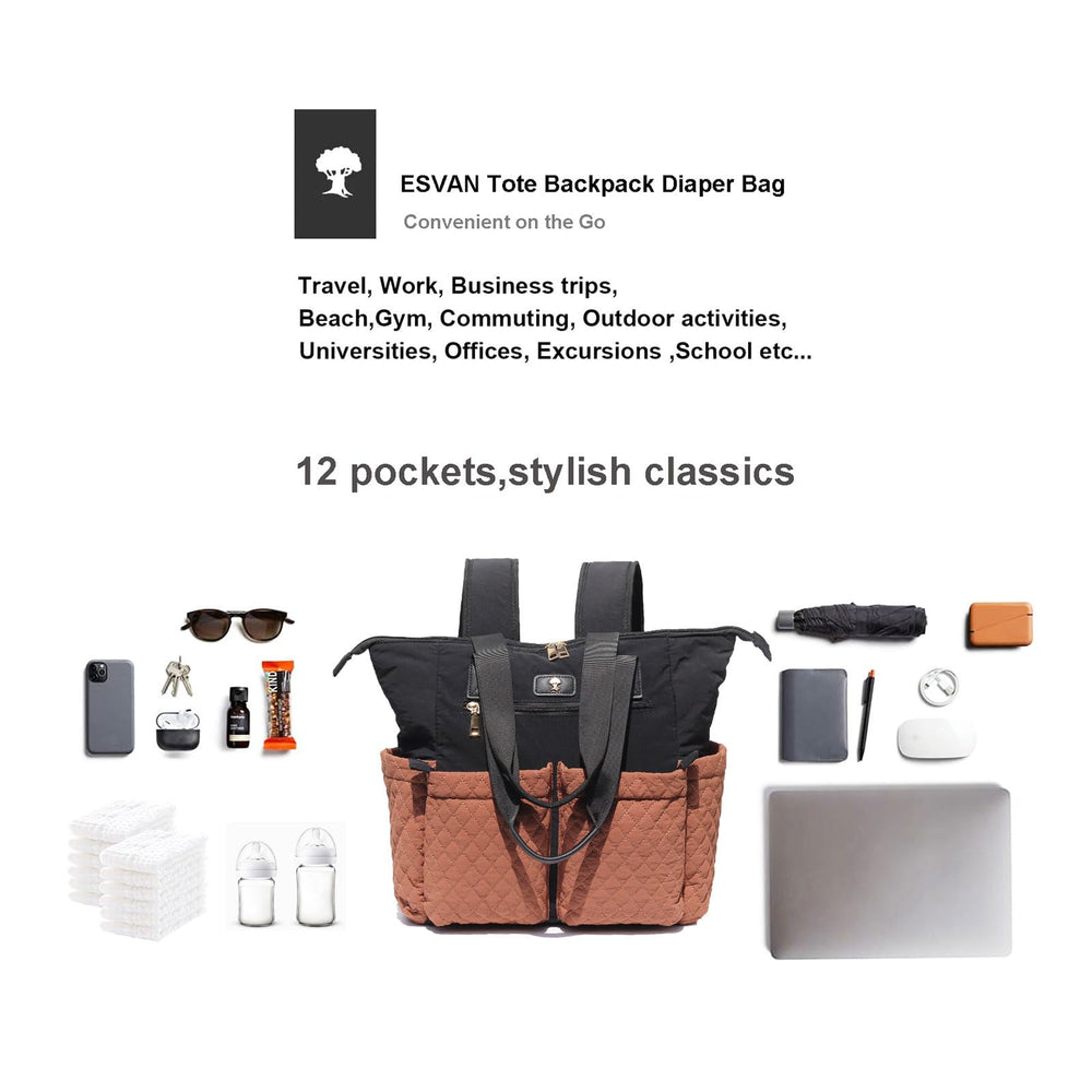 ESVAN diaper tote bag shows 26L capacity and organized compartments
