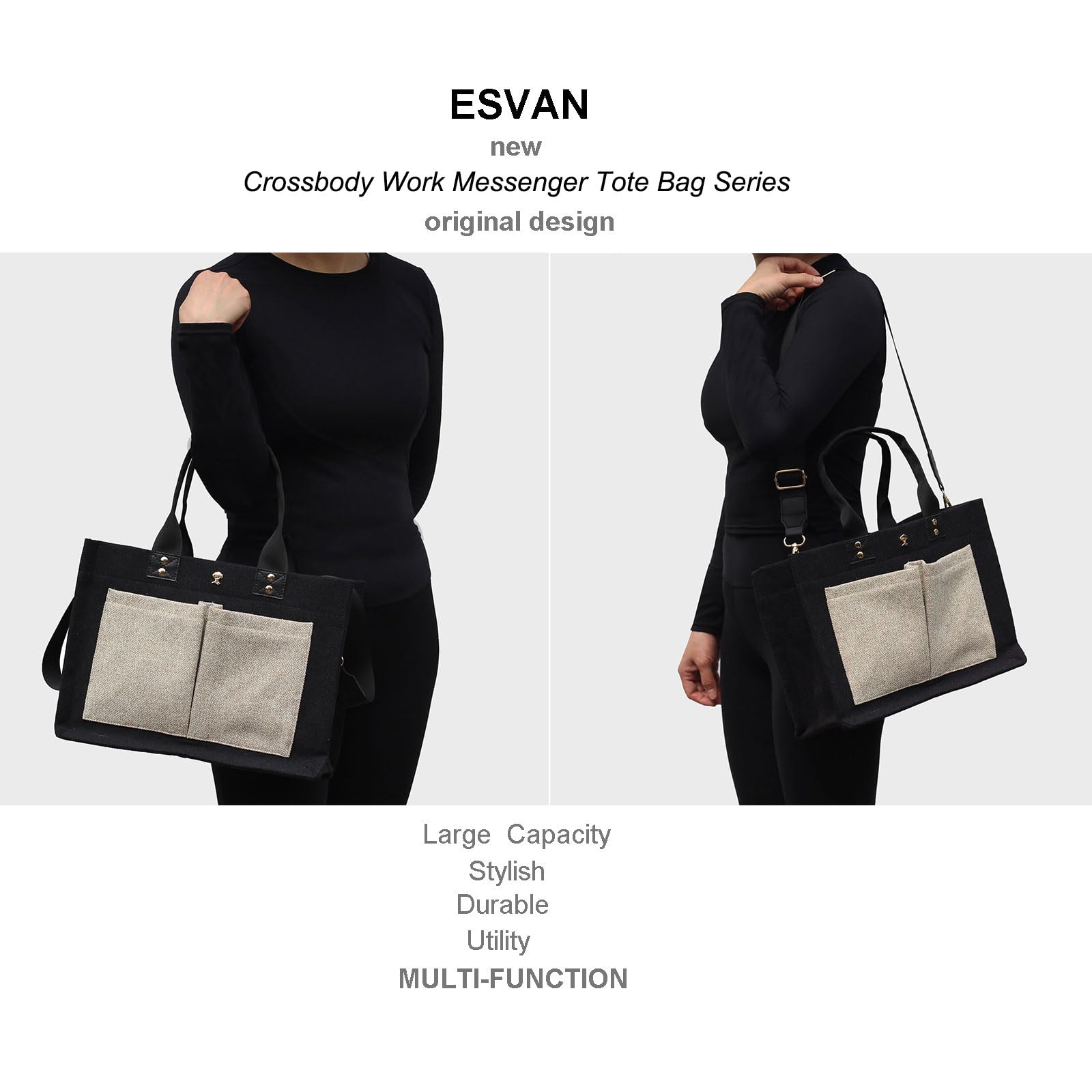 ESVAN tote bag featuring removable shoulder strap for crossbody wear.