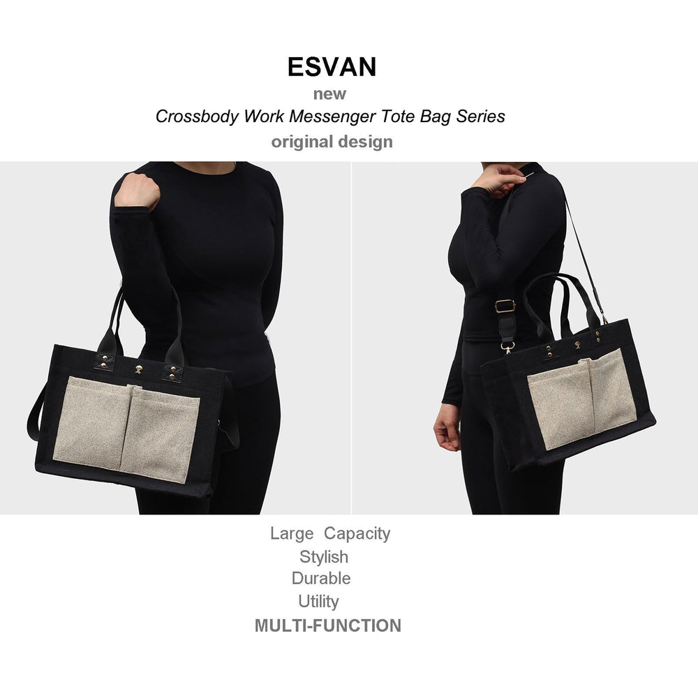 ESVAN tote bag featuring removable shoulder strap for crossbody wear.