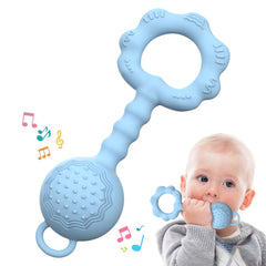 ETETOO teether-rattle blue closeup highlighting textured chew zones for gums