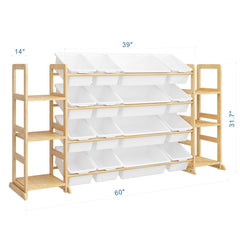 Etitlly kids bookshelf with integrated storage helps organize books and toys.